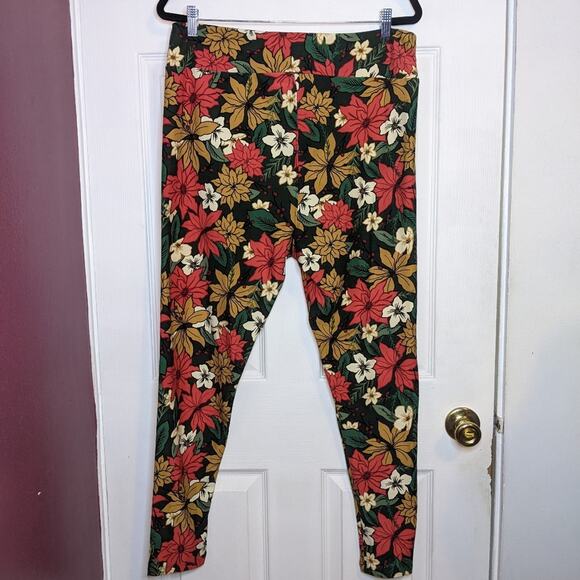 Lularoe Red White Gold Poinsettias Holly Berry Christmas Holiday Leggings TC2 - Picture 8 of 9